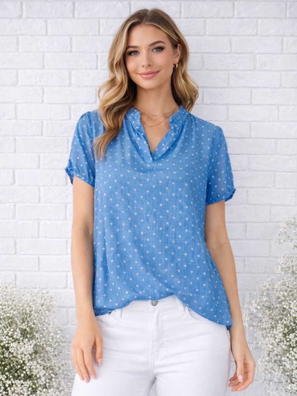 Rungolee Elegant Blue Print Ruffle Trim Short Sleeve Tunic Top Size L